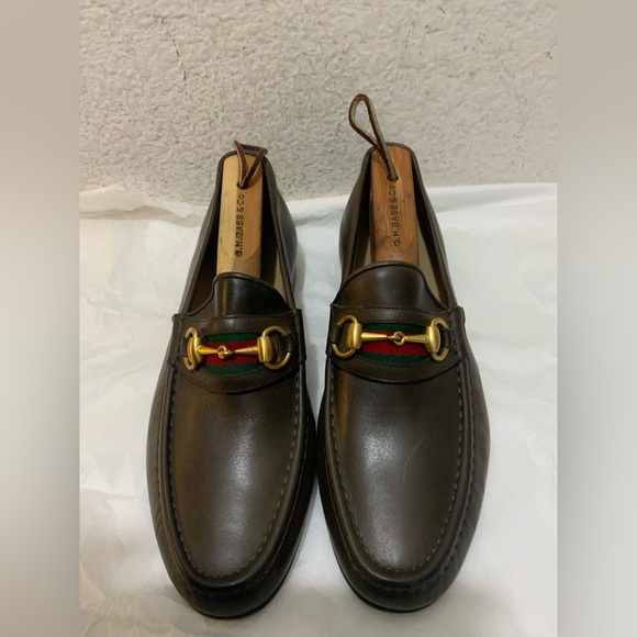 Authentic Gucci Web Gold Horsebit Brown Leather Mens Loafer size 7.5 D - Picture 5 of 16